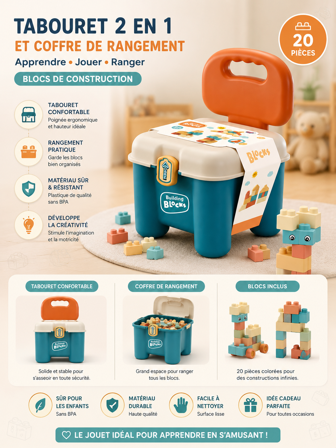 Tabouret enfant 2 en 1 avec coffre de rangement et blocs de construction