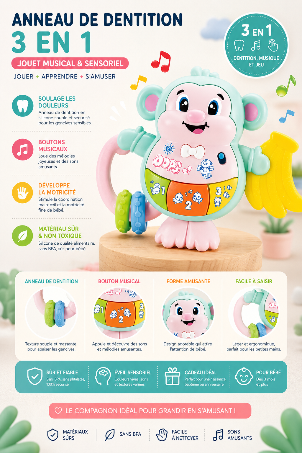 Anneau de dentition en silicone 3 en 1 - Hochet musical singe pour bébé