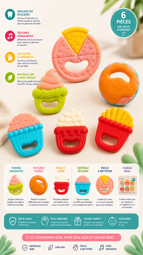 Lot de 6 anneaux de dentition en silicone pour bébé